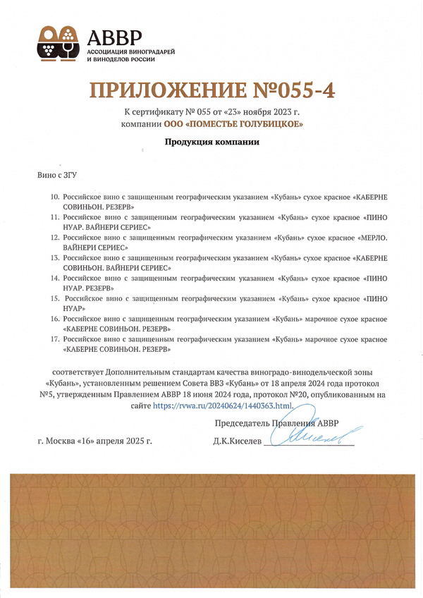 Приложение к Сертификату качества № 055 (ООО ПОМЕСТЬЕ ГОЛУБИЦКОЕ) Приложение к Сертификату качества № 055 (ООО ПОМЕСТЬЕ ГОЛУБИЦКОЕ)