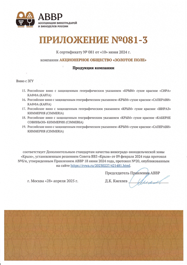 Приложение к Сертификату качества № 081 (АО ЗОЛОТОЕ ПОЛЕ) Приложение к Сертификату качества № 081 (АО ЗОЛОТОЕ ПОЛЕ)
