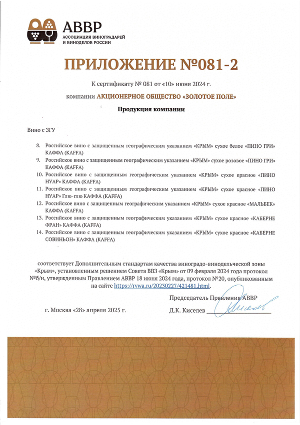 Приложение к Сертификату качества № 081 (АО ЗОЛОТОЕ ПОЛЕ) Приложение к Сертификату качества № 081 (АО ЗОЛОТОЕ ПОЛЕ)