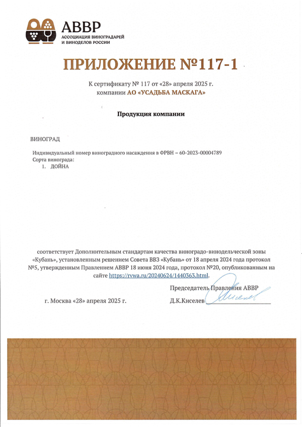 Приложение к Сертификату качества № 117 (АО УСАДЬБА МАСКАГА) Приложение к Сертификату качества № 117 (АО УСАДЬБА МАСКАГА)