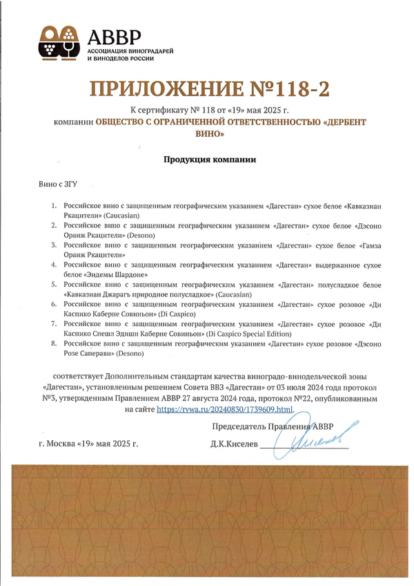 Приложение к Сертификату качества № 118 (ООО ДЕРБЕНТ ВИНО) Приложение к Сертификату качества № 118 (ООО ДЕРБЕНТ ВИНО)