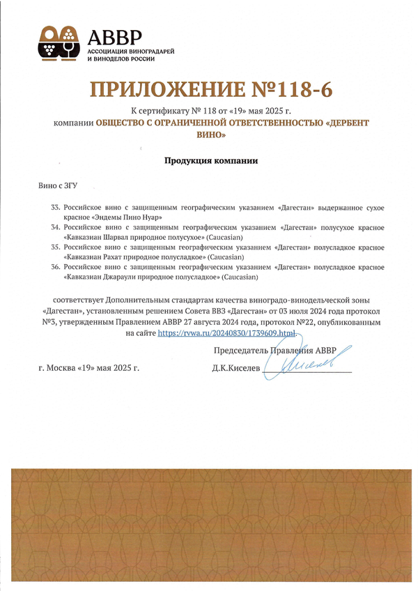 Приложение к Сертификату качества № 118 (ООО ДЕРБЕНТ ВИНО) Приложение к Сертификату качества № 118 (ООО ДЕРБЕНТ ВИНО)