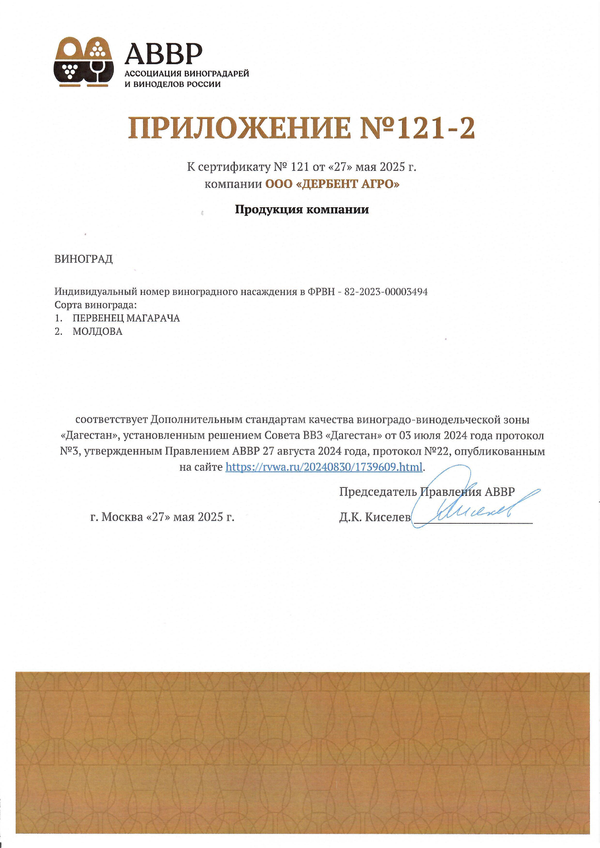 Приложение к Сертификату качества № 121 (ООО ДЕРБЕНТ АГРО) Приложение к Сертификату качества № 121 (ООО ДЕРБЕНТ АГРО)