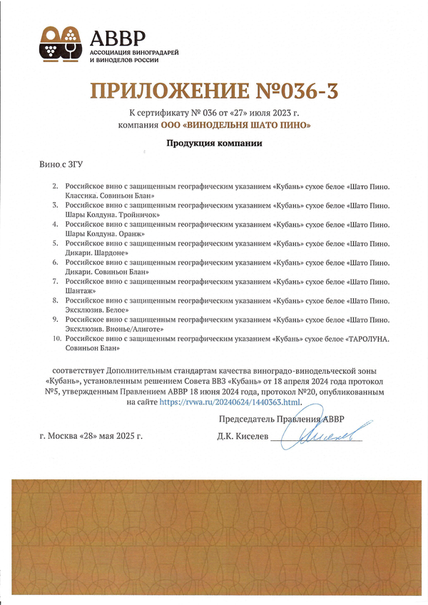 Приложение к Сертификату качества № 036 (ООО ВИНОДЕЛЬНЯ ШАТО ПИНО) Приложение к Сертификату качества № 036 (ООО ВИНОДЕЛЬНЯ ШАТО ПИНО)