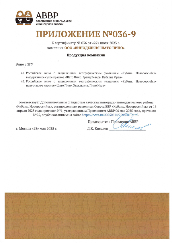 Приложение к Сертификату качества № 036 (ООО ВИНОДЕЛЬНЯ ШАТО ПИНО) Приложение к Сертификату качества № 036 (ООО ВИНОДЕЛЬНЯ ШАТО ПИНО)
