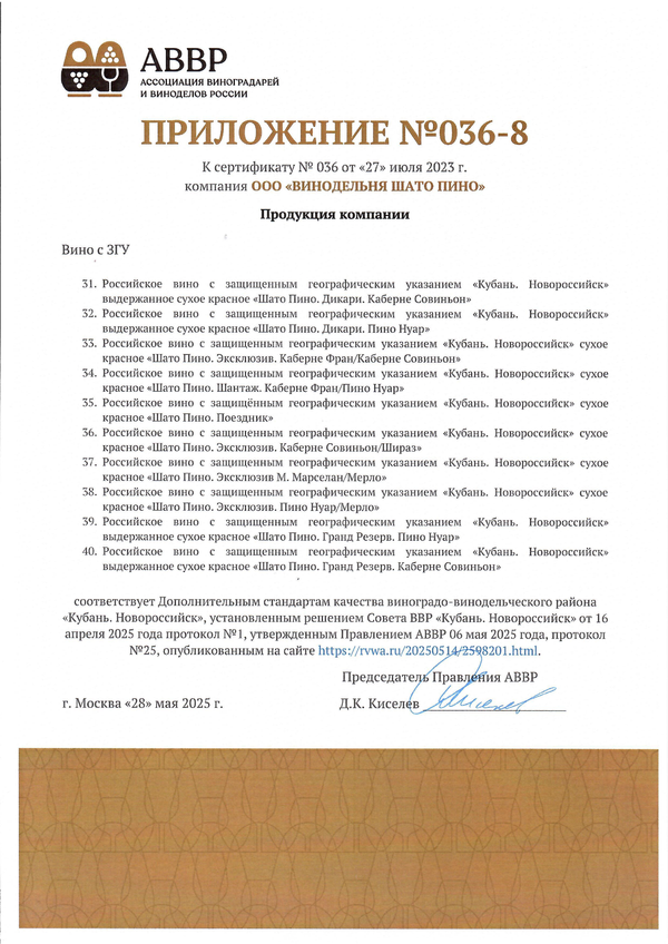 Приложение к Сертификату качества № 036 (ООО ВИНОДЕЛЬНЯ ШАТО ПИНО) Приложение к Сертификату качества № 036 (ООО ВИНОДЕЛЬНЯ ШАТО ПИНО)