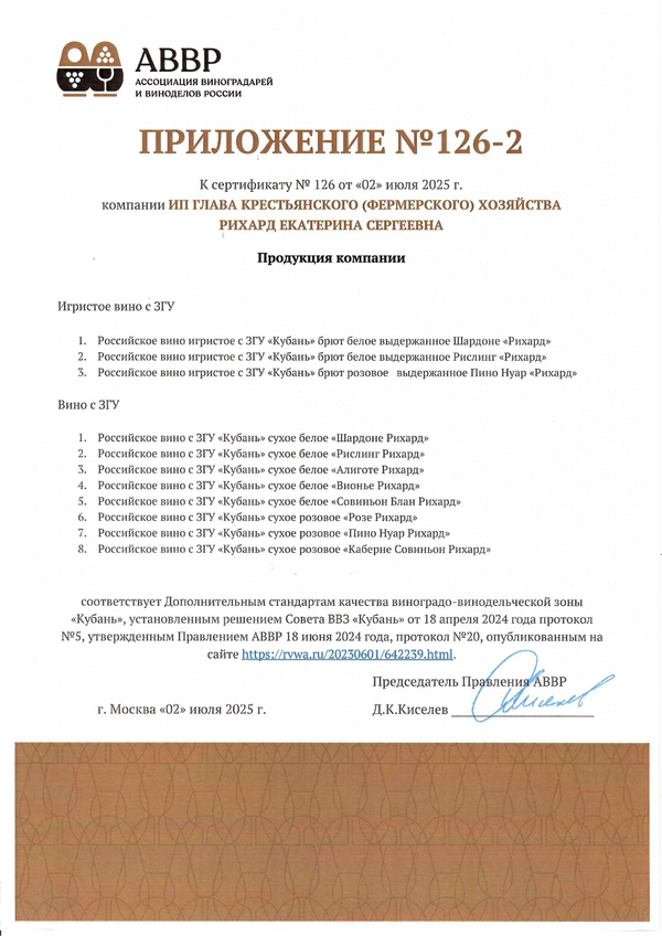 Приложение к Сертификату качества № 126 (ИП ГЛАВА К(Ф)Х РИХАРД ЕКАТЕРИНА СЕРГЕЕВНА) Приложение к Сертификату качества № 126 (ИП ГЛАВА К(Ф)Х РИХАРД ЕКАТЕРИНА СЕРГЕЕВНА)
