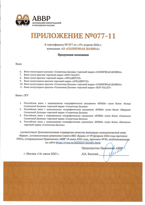 Приложение к Сертификату качества № 077 (АО СОЛНЕЧНАЯ ДОЛИНА) Приложение к Сертификату качества № 077 (АО СОЛНЕЧНАЯ ДОЛИНА)
