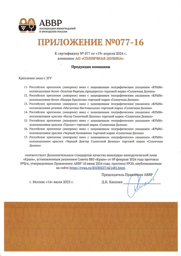 Приложение к Сертификату качества № 077 (АО СОЛНЕЧНАЯ ДОЛИНА) Приложение к Сертификату качества № 077 (АО СОЛНЕЧНАЯ ДОЛИНА)