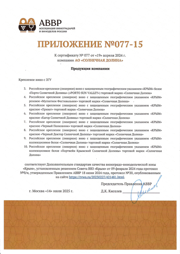 Приложение к Сертификату качества № 077 (АО СОЛНЕЧНАЯ ДОЛИНА) Приложение к Сертификату качества № 077 (АО СОЛНЕЧНАЯ ДОЛИНА)