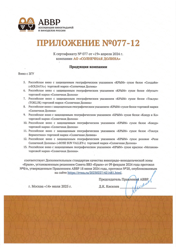Приложение к Сертификату качества № 077 (АО СОЛНЕЧНАЯ ДОЛИНА) Приложение к Сертификату качества № 077 (АО СОЛНЕЧНАЯ ДОЛИНА)