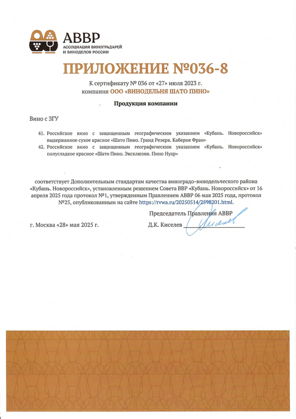 Приложение к Сертификату качества № 036 (ООО ВИНОДЕЛЬНЯ ШАТО ПИНО) Приложение к Сертификату качества № 036 (ООО ВИНОДЕЛЬНЯ ШАТО ПИНО)