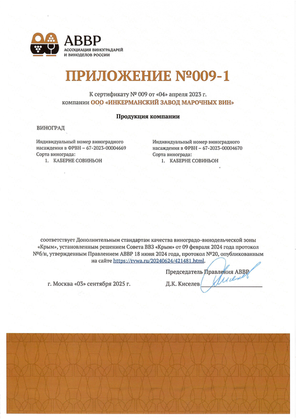 Приложение к Сертификату качества № 009 (ООО ИНКЕРМАНСКИЙ ЗАВОД МАРОЧНЫХ ВИН) Приложение к Сертификату качества № 009 (ООО ИНКЕРМАНСКИЙ ЗАВОД МАРОЧНЫХ ВИН)