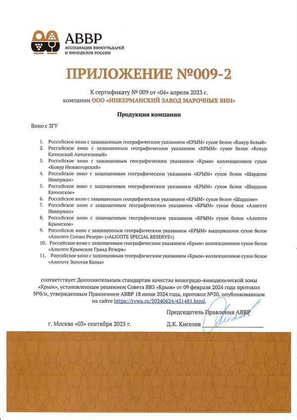 Приложение к Сертификату качества № 009 (ООО ИНКЕРМАНСКИЙ ЗАВОД МАРОЧНЫХ ВИН) Приложение к Сертификату качества № 009 (ООО ИНКЕРМАНСКИЙ ЗАВОД МАРОЧНЫХ ВИН)