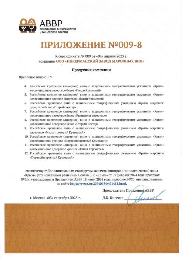 Приложение к Сертификату качества № 009 (ООО ИНКЕРМАНСКИЙ ЗАВОД МАРОЧНЫХ ВИН) Приложение к Сертификату качества № 009 (ООО ИНКЕРМАНСКИЙ ЗАВОД МАРОЧНЫХ ВИН)