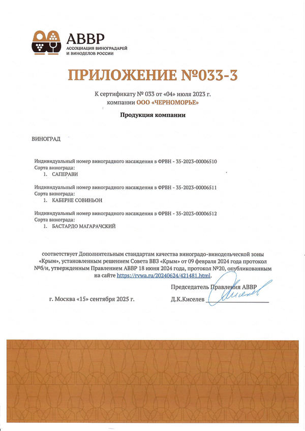 Приложение к Сертификату качества № 033 (ООО ЧЕРНОМОРЬЕ) Приложение к Сертификату качества № 033 (ООО ЧЕРНОМОРЬЕ)