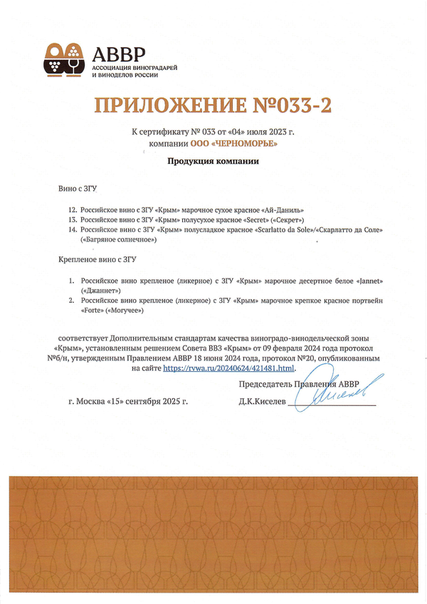 Приложение к Сертификату качества № 033 (ООО ЧЕРНОМОРЬЕ) Приложение к Сертификату качества № 033 (ООО ЧЕРНОМОРЬЕ)
