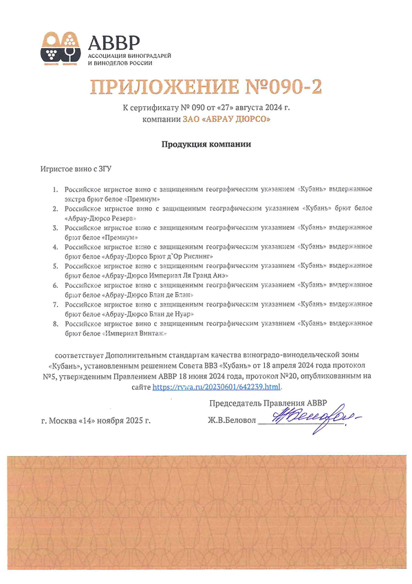 Приложение к Сертификату качества № 090 Приложение к Сертификату качества № 090