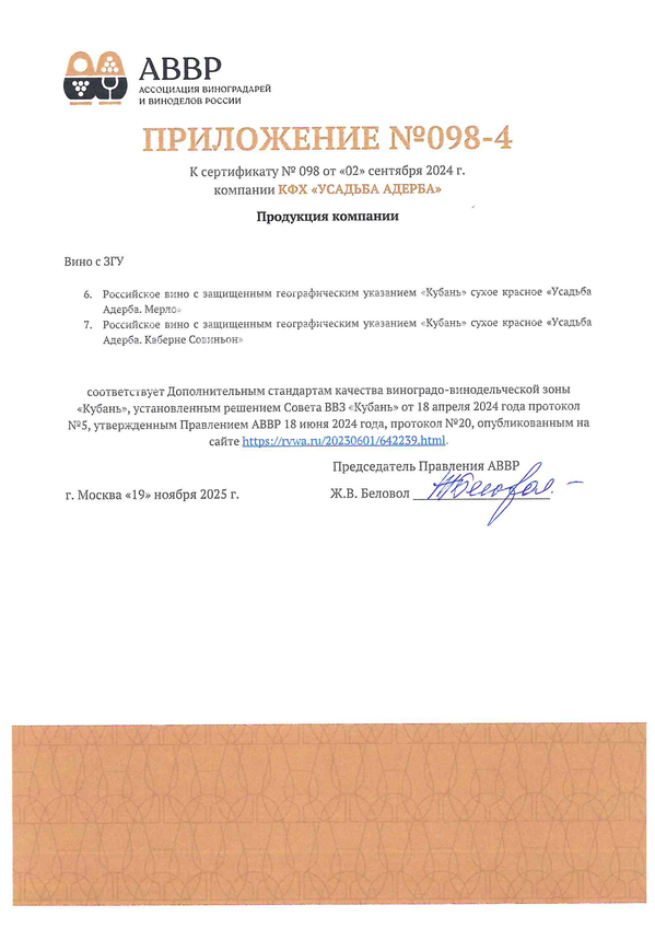 Приложение к Сертификату качества № 098 Приложение к Сертификату качества № 098