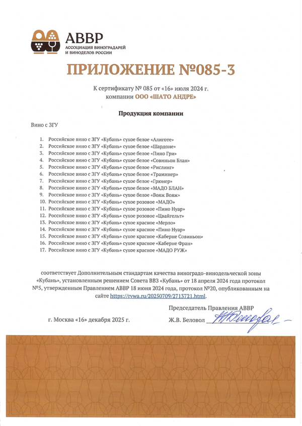 Приложение к Сертификату качества № 085 Приложение к Сертификату качества № 085