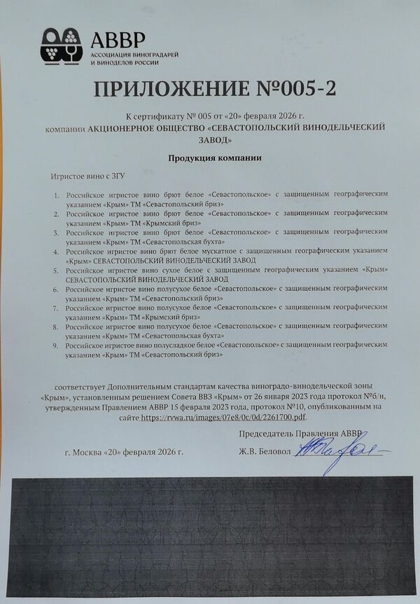 Приложение к Сертификату качества № 005