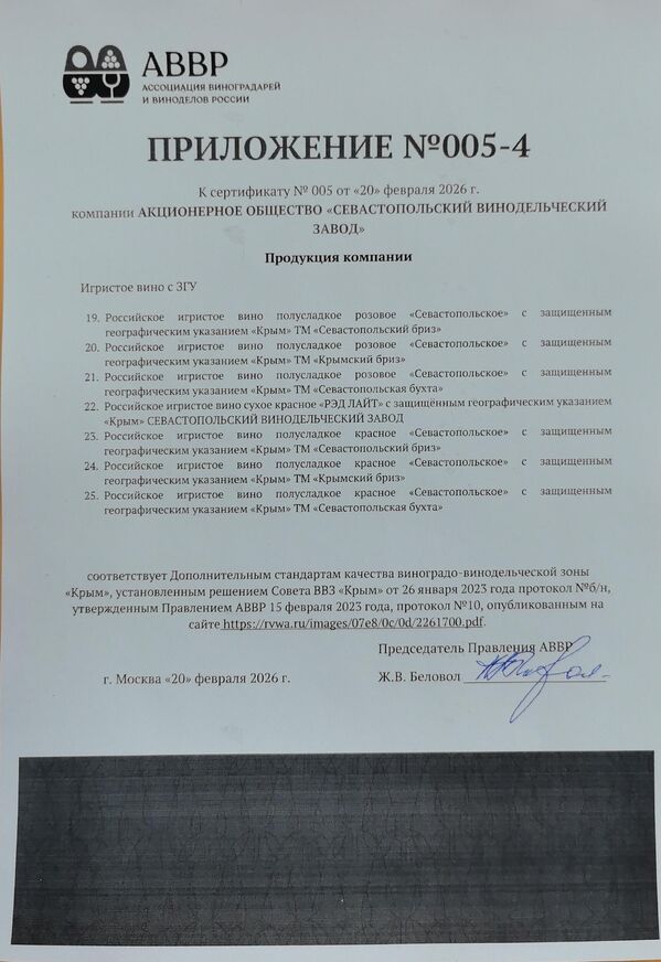 Приложение к Сертификату качества № 005