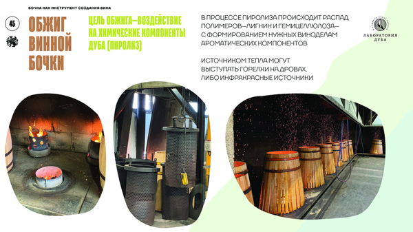 Процесс обработки бочек в бондарне Лаборатория дуба