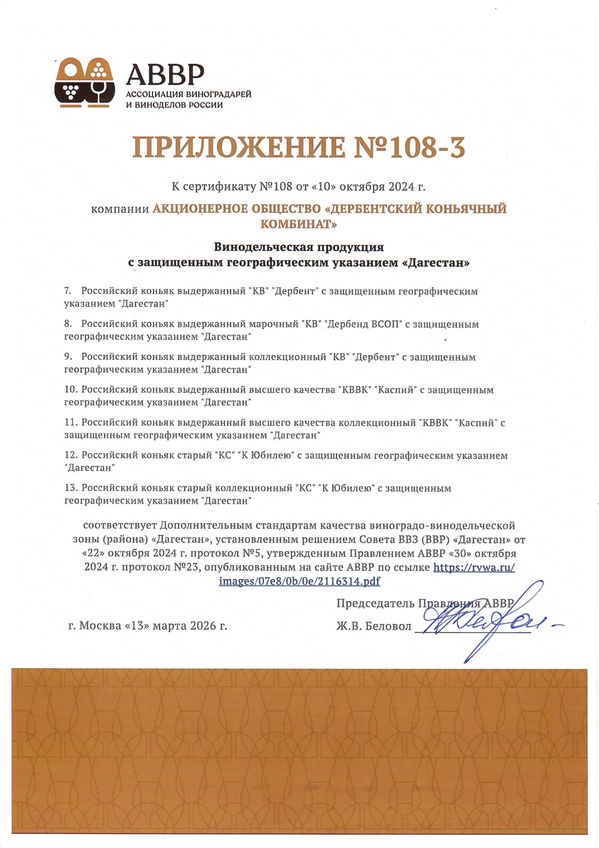 Приложение к Сертификату качества № 108-3