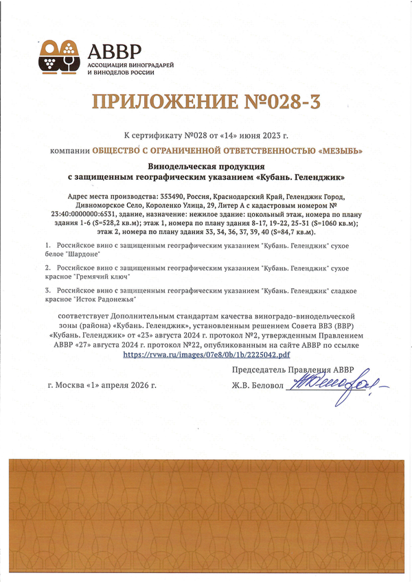 Приложение к Сертификату качества № 028-3