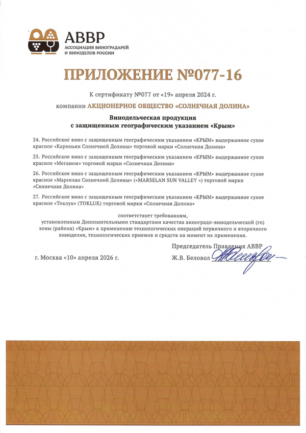 Приложение к Сертификату качества № 077 (АО СОЛНЕЧНАЯ ДОЛИНА) Приложение к Сертификату качества № 077 (АО СОЛНЕЧНАЯ ДОЛИНА)