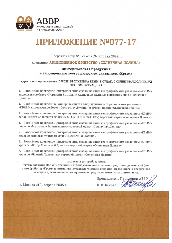 Приложение к Сертификату качества № 077 (АО СОЛНЕЧНАЯ ДОЛИНА) Приложение к Сертификату качества № 077 (АО СОЛНЕЧНАЯ ДОЛИНА)