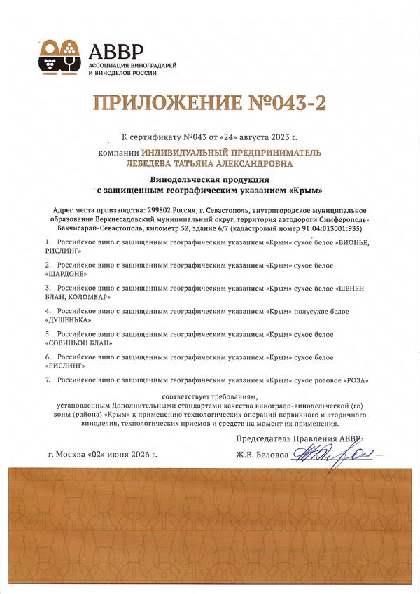 Приложение к Сертификату качества № 043 (ИП ГКФХ Лебедева Татьяна Александровна) Приложение к Сертификату качества № 043 (ИП ГКФХ Лебедева Татьяна Александровна)