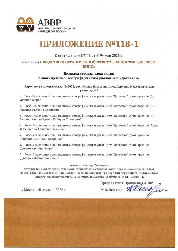 Приложение к Сертификату качества № 118 (ООО ДЕРБЕНТ ВИНО)