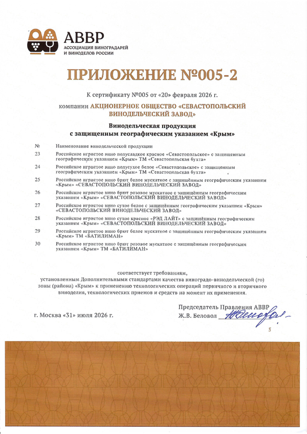 Приложение к Сертификату качества № 005 (АО СЕВАСТОПОЛЬСКИЙ ВИНОДЕЛЬЧЕСКИЙ ЗАВОД) Приложение к Сертификату качества № 005 (АО СЕВАСТОПОЛЬСКИЙ ВИНОДЕЛЬЧЕСКИЙ ЗАВОД)