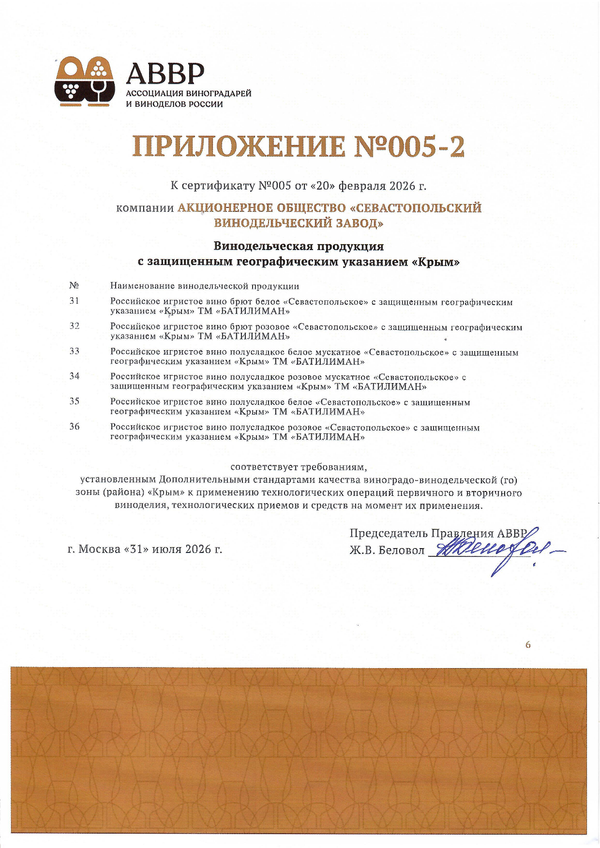 Приложение к Сертификату качества № 005 (АО СЕВАСТОПОЛЬСКИЙ ВИНОДЕЛЬЧЕСКИЙ ЗАВОД) Приложение к Сертификату качества № 005 (АО СЕВАСТОПОЛЬСКИЙ ВИНОДЕЛЬЧЕСКИЙ ЗАВОД)
