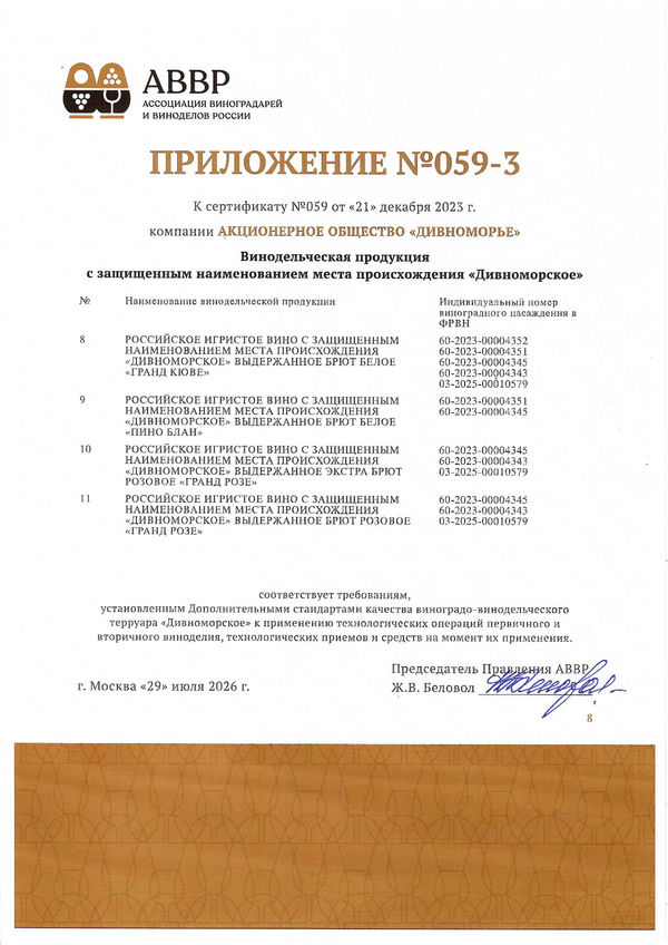 Приложение к Сертификату качества № 059 (АО ДИВНОМОРЬЕ) Приложение к Сертификату качества № 059 (АО ДИВНОМОРЬЕ)