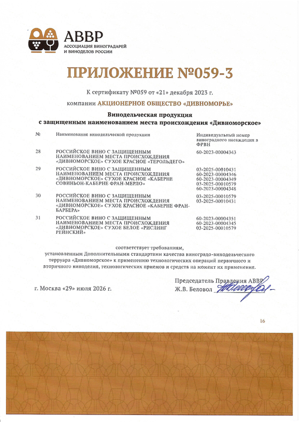 Приложение к Сертификату качества № 059 (АО ДИВНОМОРЬЕ) Приложение к Сертификату качества № 059 (АО ДИВНОМОРЬЕ)