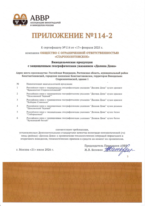 Приложение к Сертификату качества № 114 (ООО СТАРОЗОЛОТОВСКОЕ) Приложение к Сертификату качества № 114 (ООО СТАРОЗОЛОТОВСКОЕ)