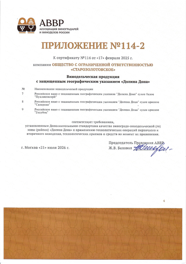 Приложение к Сертификату качества № 114 (ООО СТАРОЗОЛОТОВСКОЕ)
