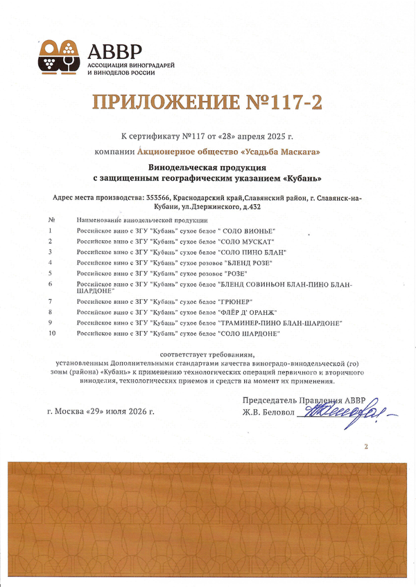 Приложение к Сертификату качества № 117 (АО УСАДЬБА МАСКАГА) Приложение к Сертификату качества № 117 (АО УСАДЬБА МАСКАГА)