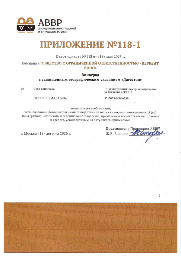Приложение к Сертификату качества № 118 (ООО ДЕРБЕНТ ВИНО) Приложение к Сертификату качества № 118 (ООО ДЕРБЕНТ ВИНО)